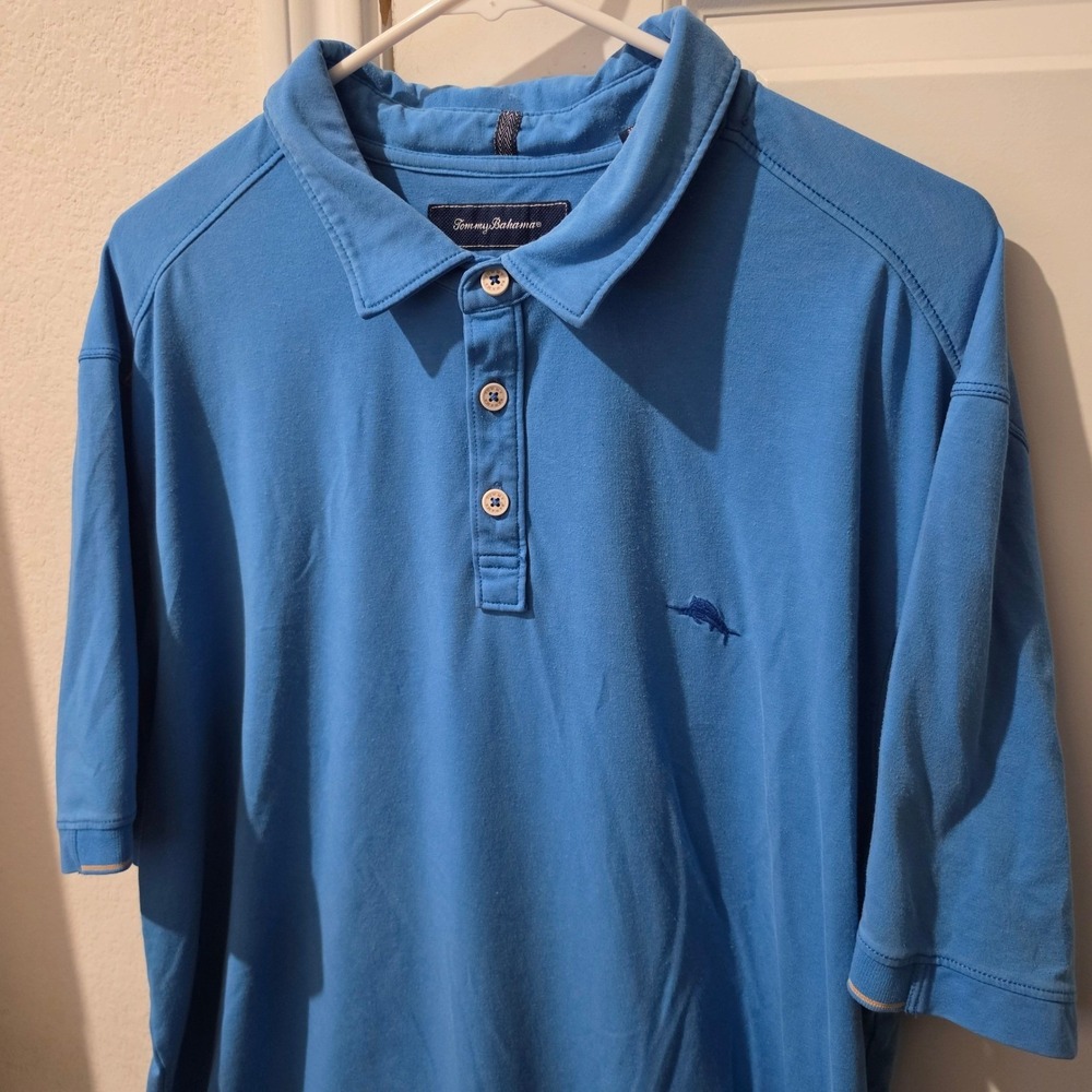 Tommy Bahama Mens XL Blue Short Sleeve Marlin Logo Polo Shirt Cotton Modal Blend